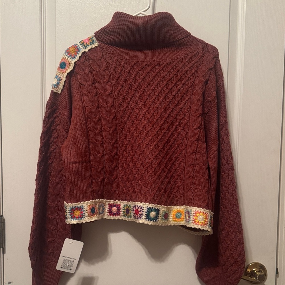 Women's Cable Knit Sweater with Crochet Accents
